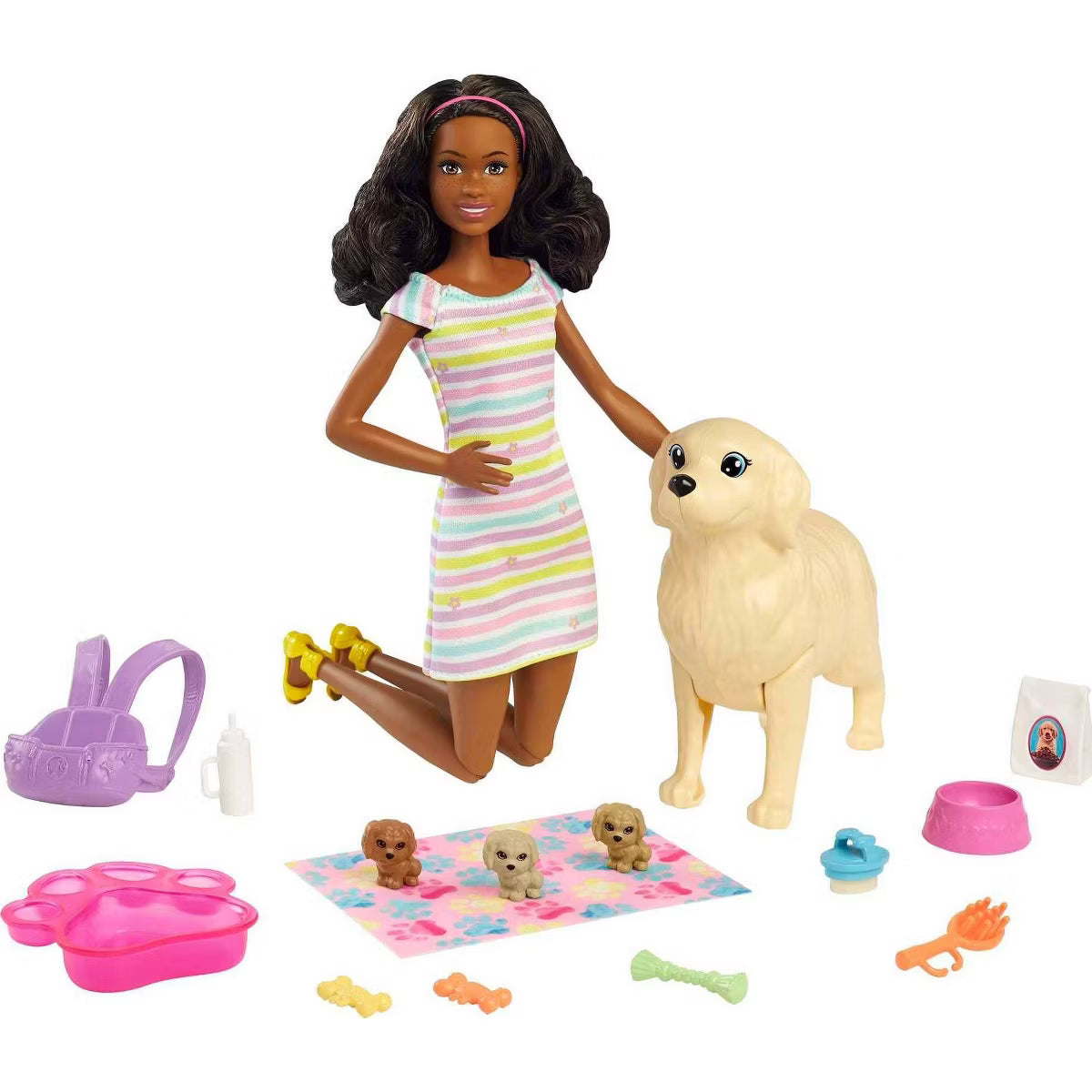 Barbie Doll & Pets Playset - Newborn Pups (Dark Skin)