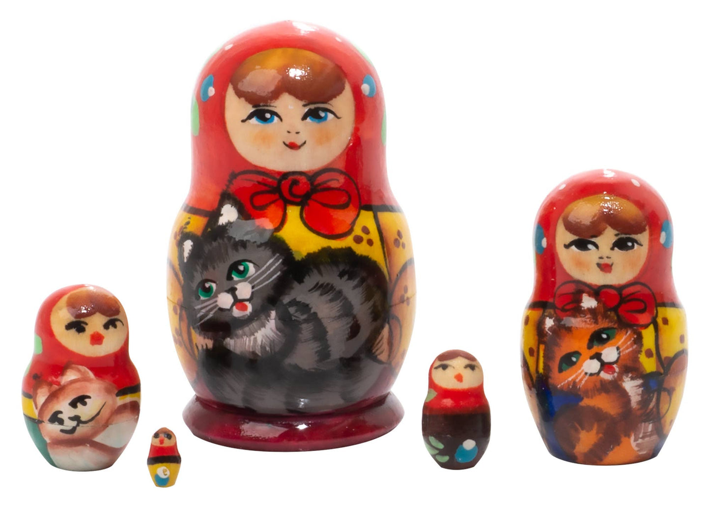 Large Mini Matryoshka Doll Holding Cats 5pc.-2"