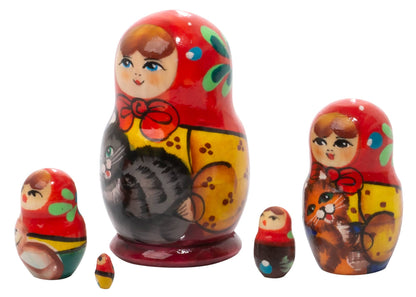 Large Mini Matryoshka Doll Holding Cats 5pc.-2" - Little Pickles Toy Store