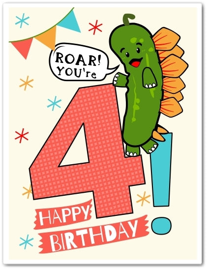 Roar You're 4 Birthday Card - Dino Pickle
