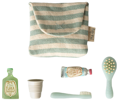 Maileg Toothbrush Set in Bag, Mouse - Blue Stripe