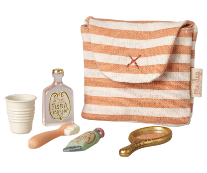 Maileg Toothbrush Set in Bag, Mouse - Coral Stripe