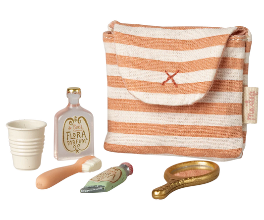 Maileg Toothbrush Set in Bag, Mouse - Coral Stripe