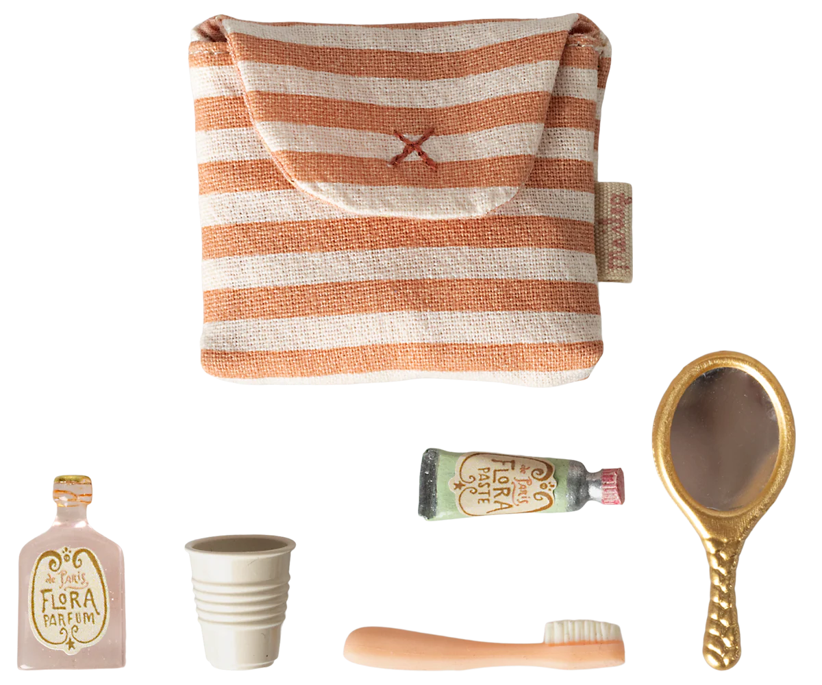 Maileg Toothbrush Set in Bag, Mouse - Coral Stripe