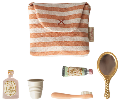 Maileg Toothbrush Set in Bag, Mouse - Coral Stripe