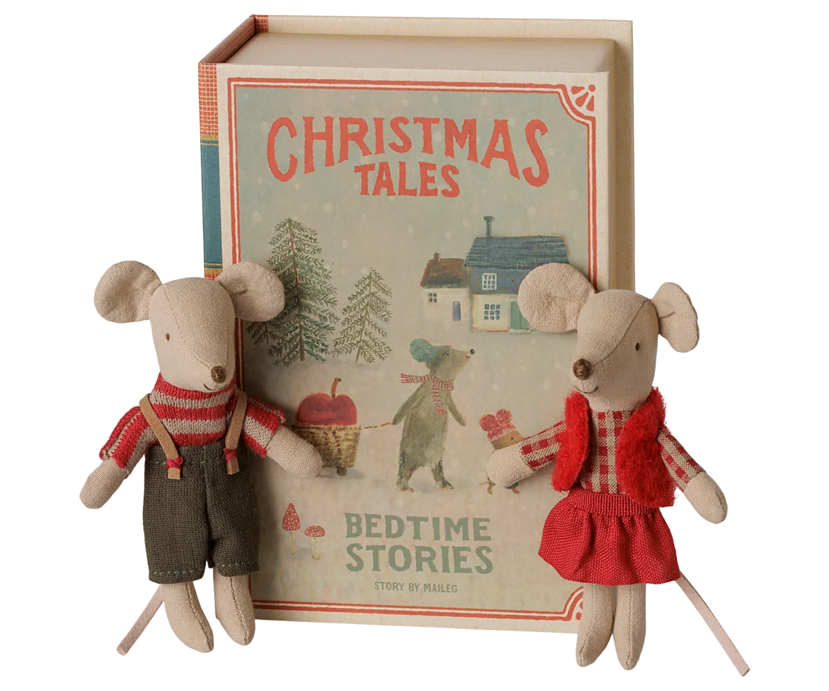 Maileg Christmas Twin Mice, Little Sister and Brother in Book