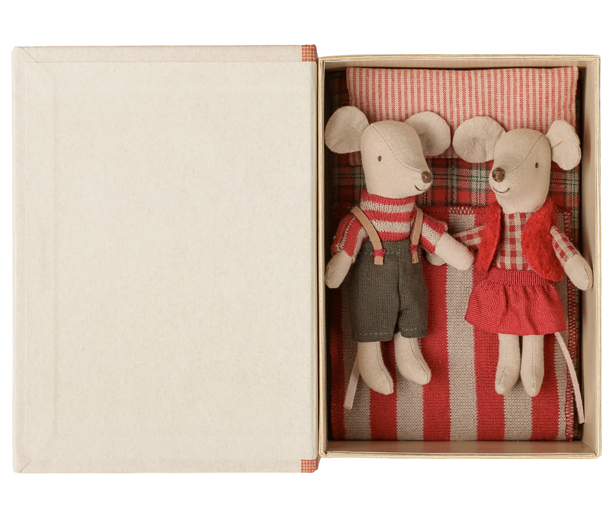 Maileg Christmas Twin Mice, Little Sister and Brother in Book