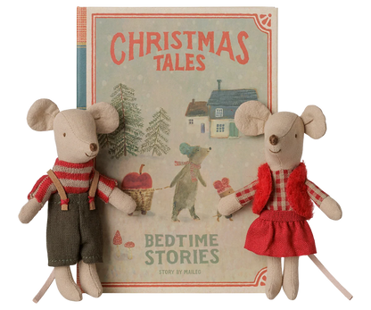 Maileg Christmas Twin Mice, Little Sister and Brother in Book