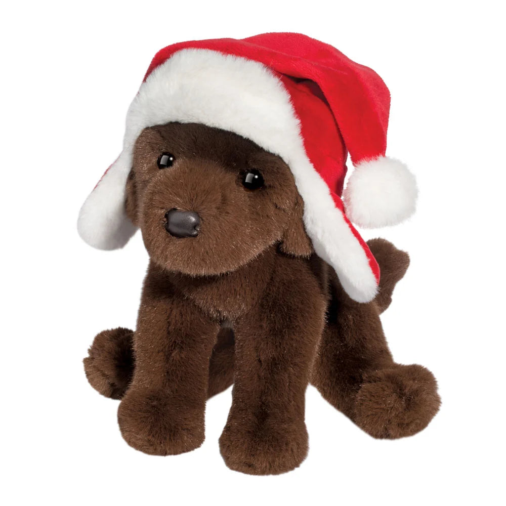 Chocolate Lab with Santa Bomber Hat