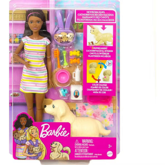 Barbie Doll & Pets Playset - Newborn Pups (Dark Skin)
