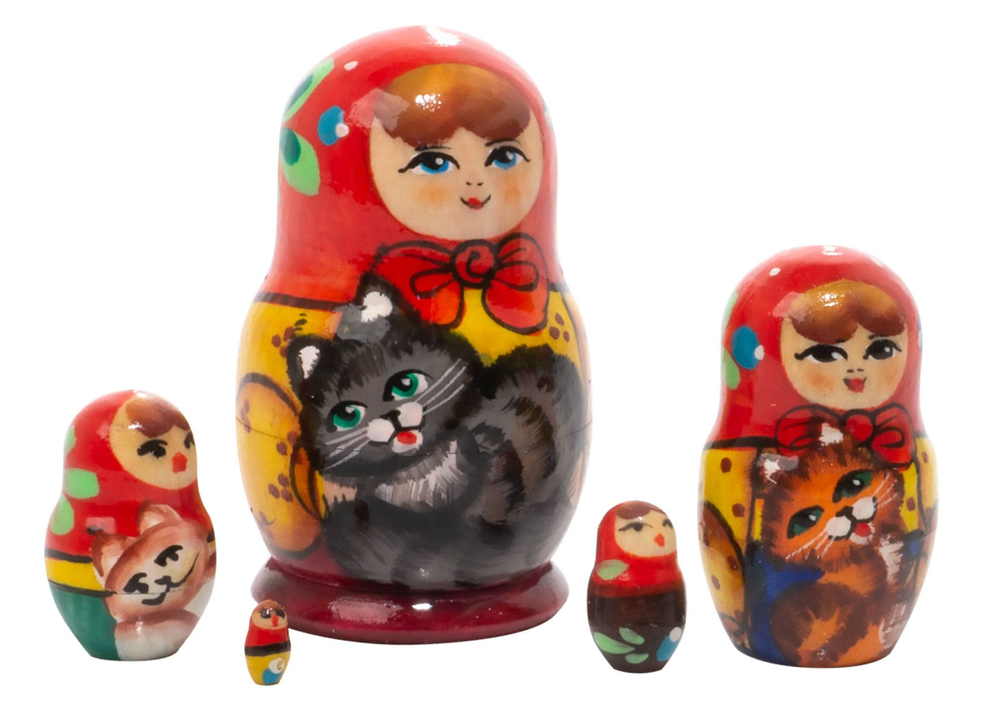 Large Mini Matryoshka Doll Holding Cats 5pc.-2"