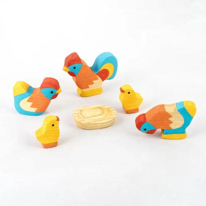 Waldorf Wooden Rooster with Chickens Set Painted - 5 Pieces - Little Pickles Toy Store