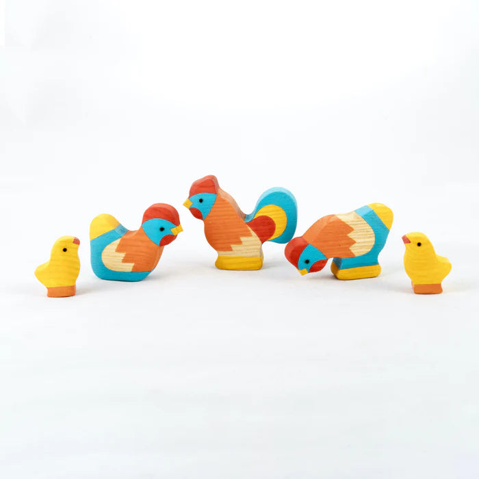 Waldorf Wooden Rooster with Chickens Set Painted - 5 Pieces