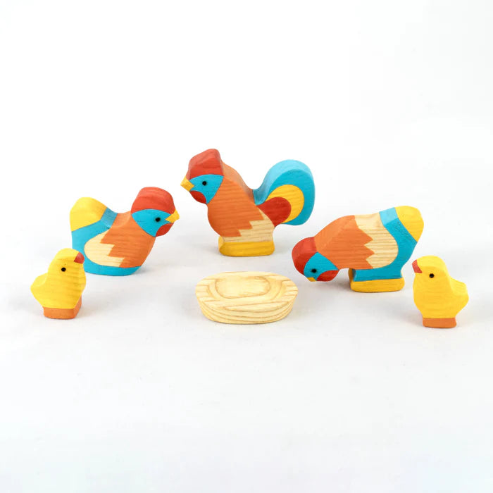 Waldorf Wooden Rooster with Chickens Set Painted - 5 Pieces